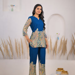 Blue V-Neck Rayon Co-ord Set 