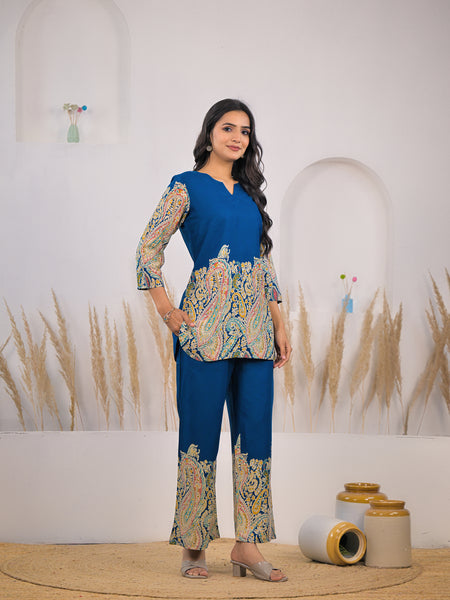 Blue V-Neck Rayon Co-ord Set 