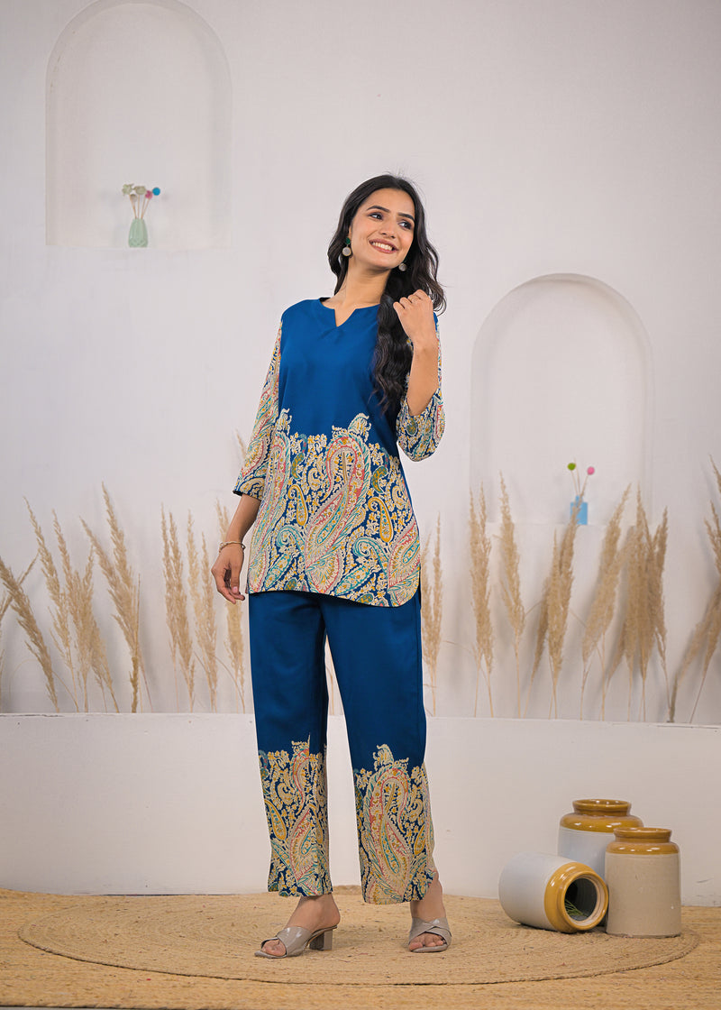 Blue V-Neck Rayon Co-ord Set Side