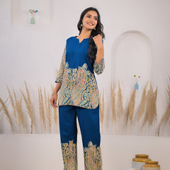 Blue V-Neck Rayon Co-ord Set Side