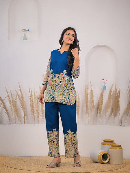 Blue V-Neck Rayon Co-ord Set Side
