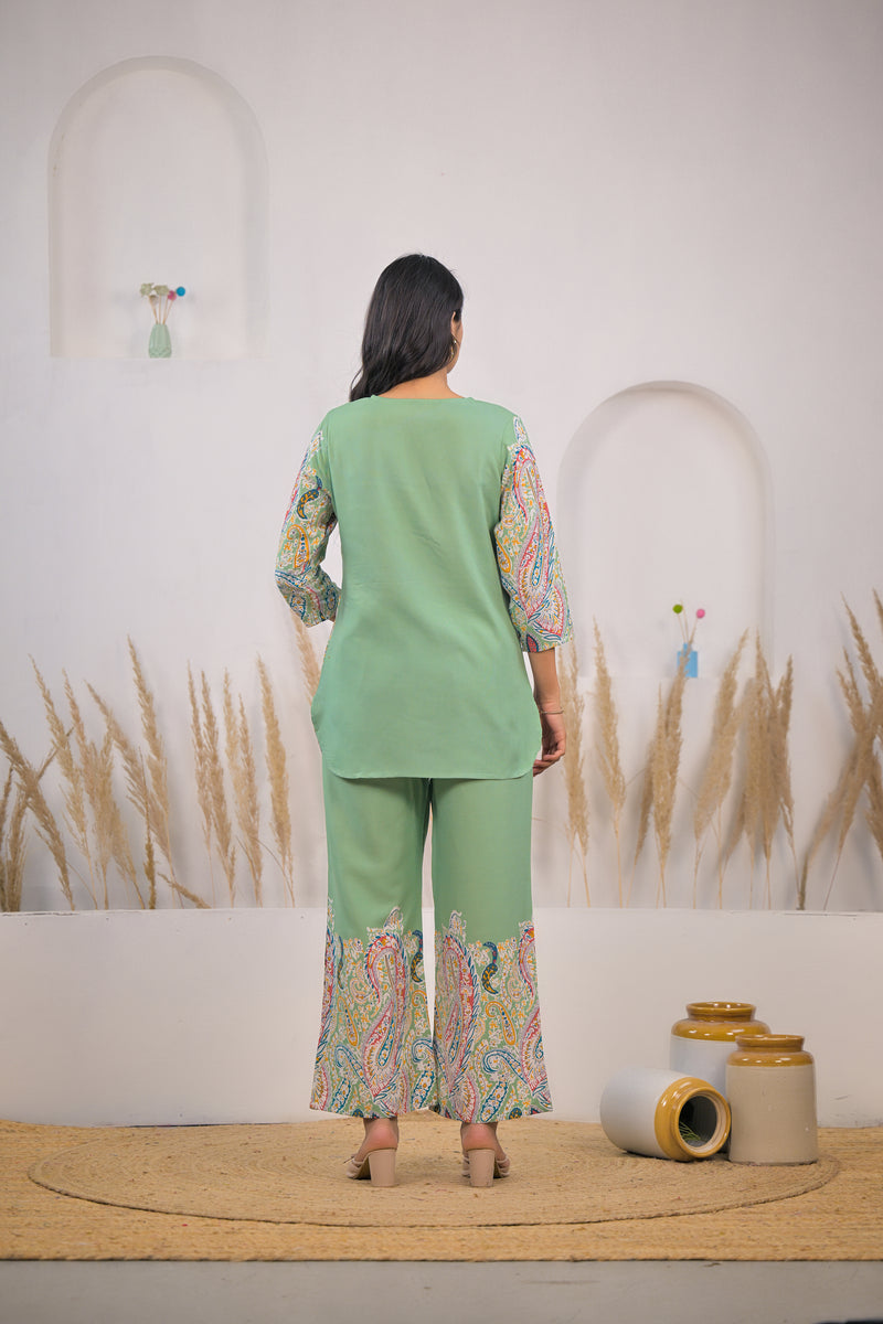 Light green rayon printed co ord set for lady