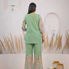 Light green rayon printed co ord set for lady