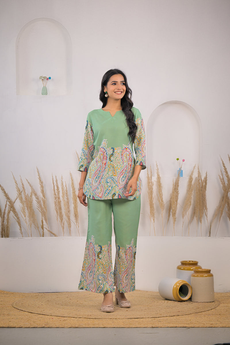 Soft rayon light green co ord set lady
