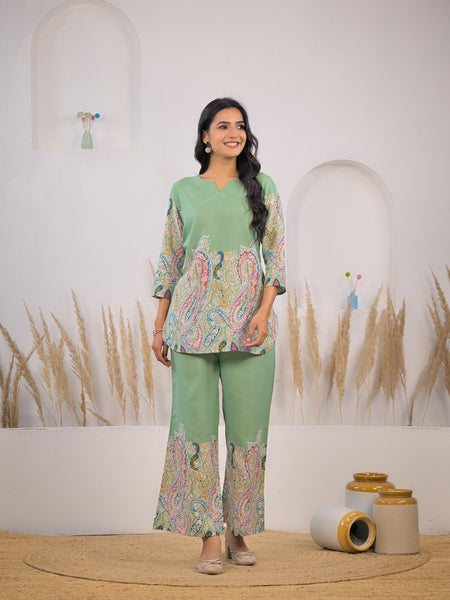 Soft rayon light green co ord set lady
