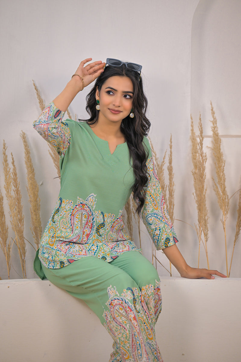 Stylish printed rayon co ord set light green

