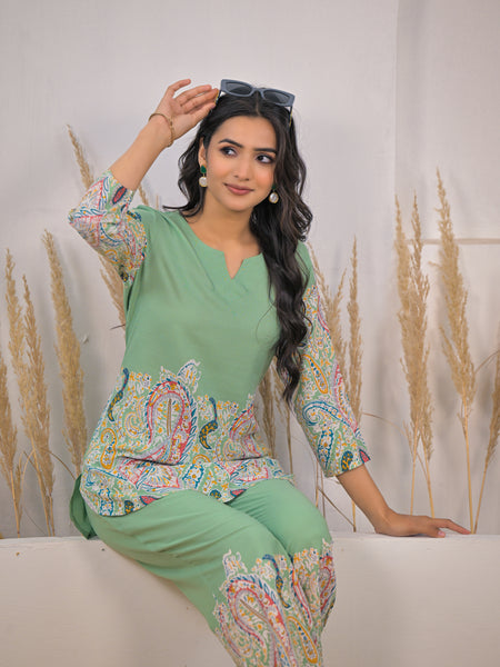 Stylish printed rayon co ord set light green
