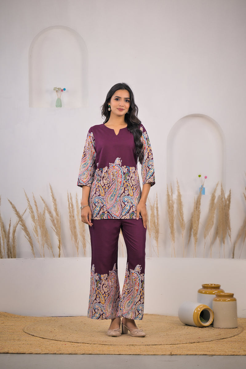 Maroon Printed Rayon Co-ord Set Front