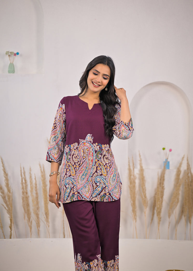 Maroon Printed Rayon Co-ord Set Zoom