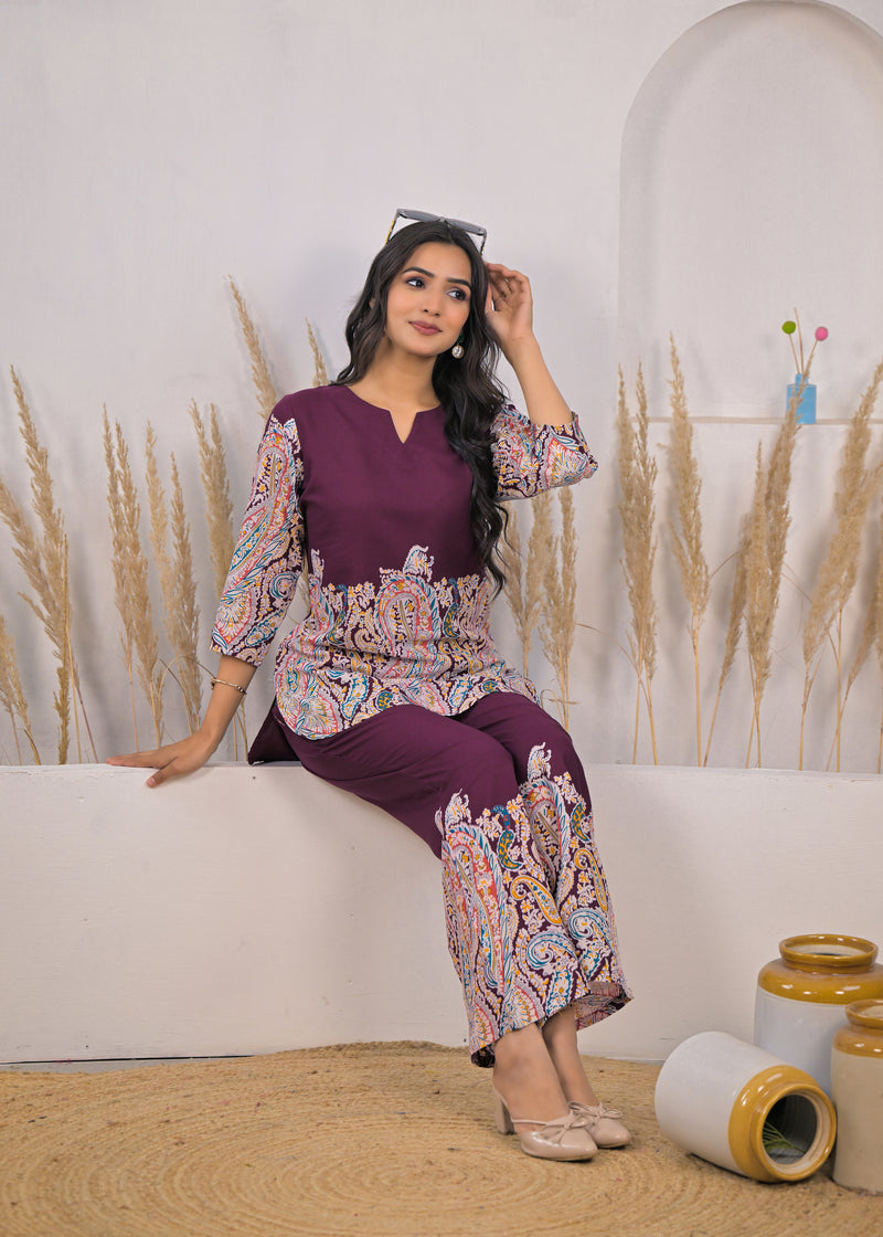 Maroon Printed Rayon Co-ord Set Sitting