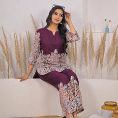 Maroon Printed Rayon Co-ord Set Sitting