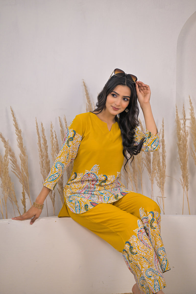 Mustard Printed Rayon Kurti & Pant Co-ord Set Sitting