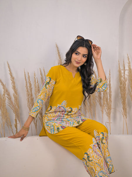 Mustard Printed Rayon Kurti & Pant Co-ord Set Sitting