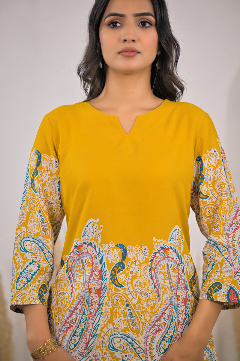 Mustard Printed Rayon Kurti & Pant Co-ord Set Close view