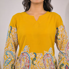 Mustard Printed Rayon Kurti & Pant Co-ord Set Close view