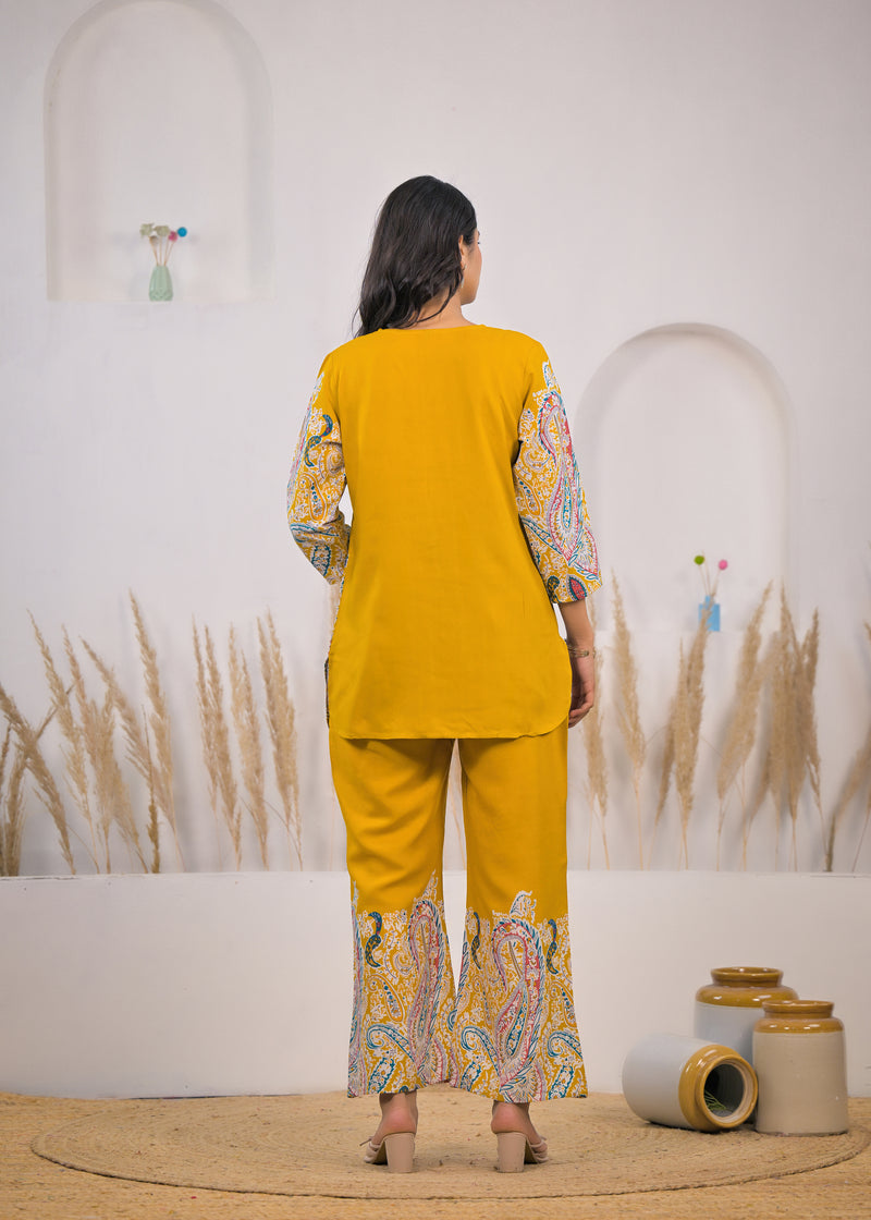 Mustard Printed Rayon Kurti & Pant Co-ord Set Back