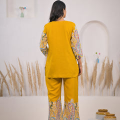 Mustard Printed Rayon Kurti & Pant Co-ord Set Back