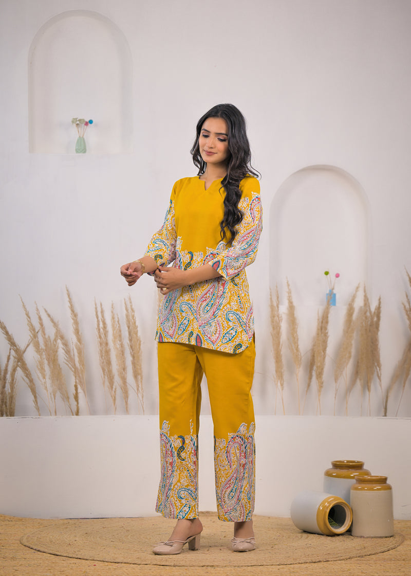 Mustard Printed Rayon Kurti & Pant Co-ord Set for Women