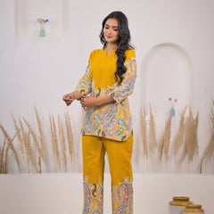 Mustard Printed Rayon Kurti & Pant Co-ord Set for Women