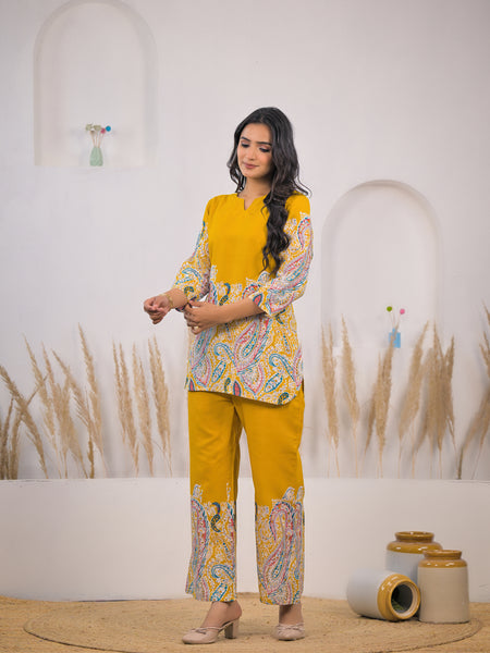Mustard Printed Rayon Kurti & Pant Co-ord Set for Women