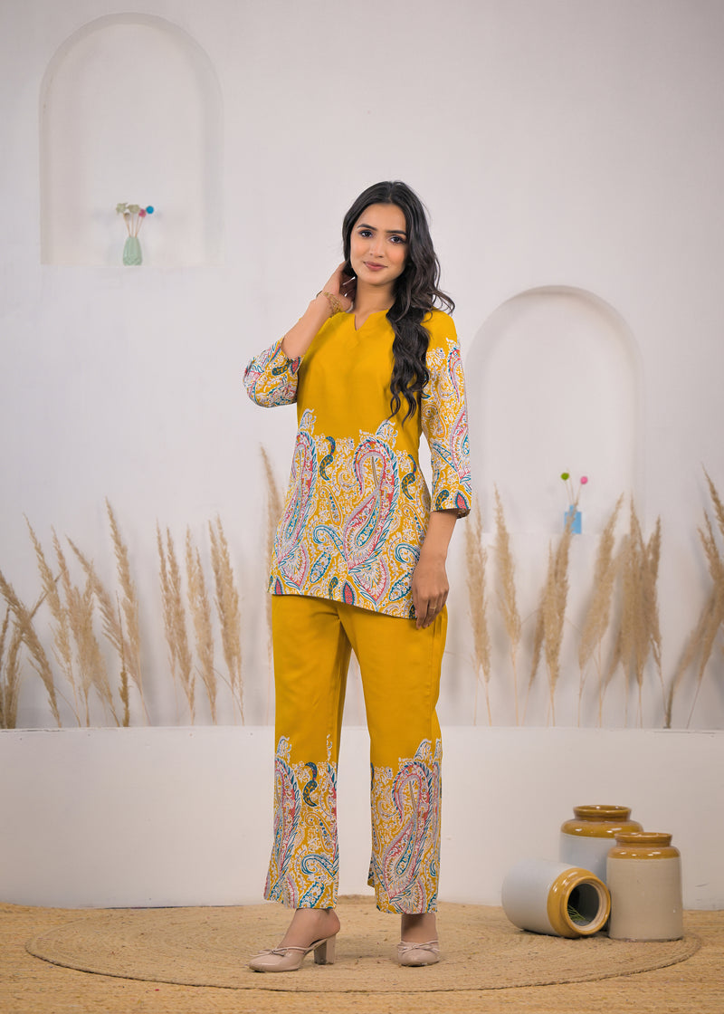 Mustard Printed Rayon Kurti & Pant Co-ord Set 