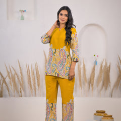 Mustard Printed Rayon Kurti & Pant Co-ord Set 