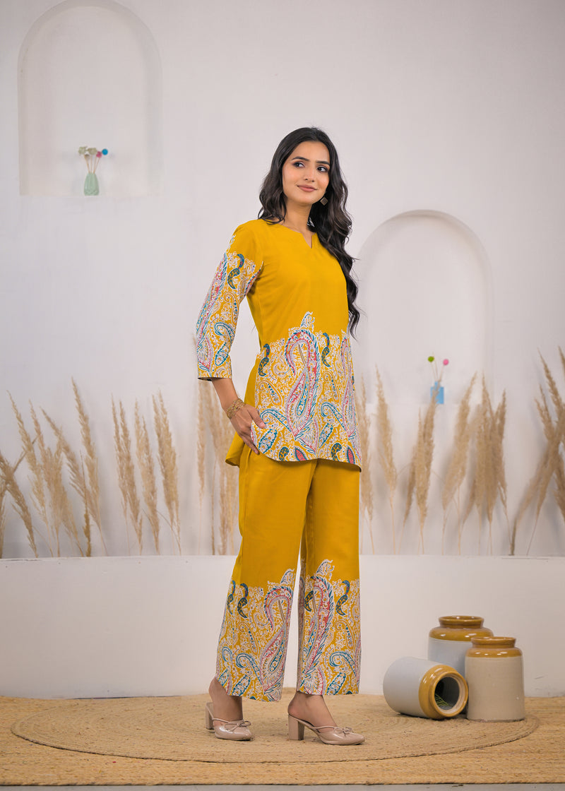 Mustard Printed Rayon Kurti & Pant Co-ord Set Side