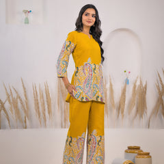 Mustard Printed Rayon Kurti & Pant Co-ord Set Side