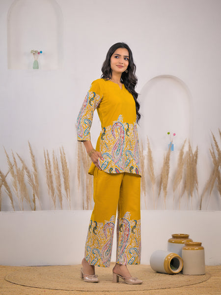 Mustard Printed Rayon Kurti & Pant Co-ord Set Side