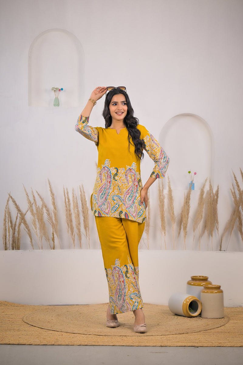 Mustard Printed Rayon Kurti & Pant Co-ord Set Front