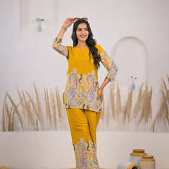Mustard Printed Rayon Kurti & Pant Co-ord Set Front