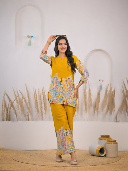 Mustard Printed Rayon Kurti & Pant Co-ord Set Front