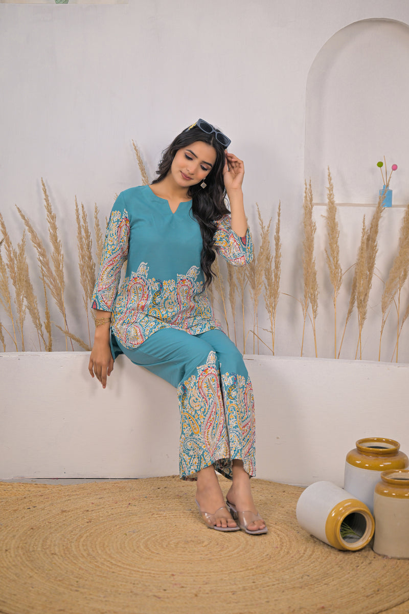 Turquoise Printed Rayon Kurti & Pant Co-ord Set Sitting
