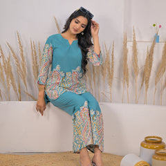 Turquoise Printed Rayon Kurti & Pant Co-ord Set Sitting