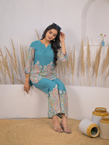 Turquoise Printed Rayon Kurti & Pant Co-ord Set Sitting