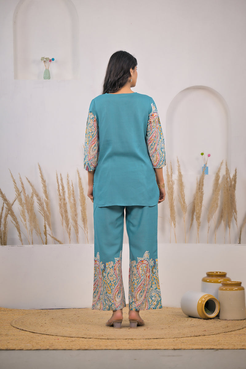 Turquoise Printed Rayon Kurti & Pant Co-ord Set Back