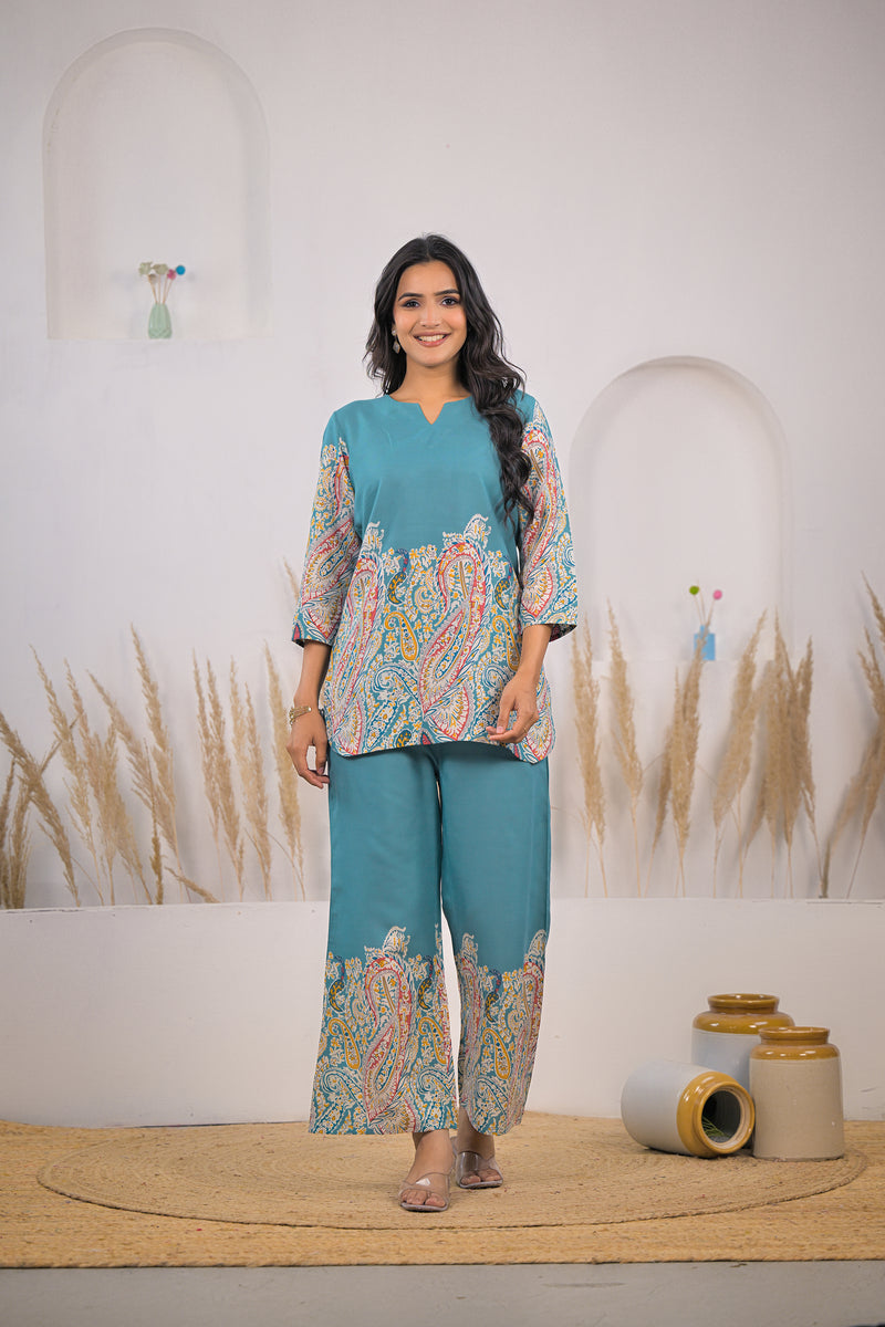 Turquoise Printed Rayon Kurti & Pant Co-ord Set Front