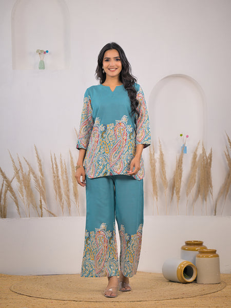 Turquoise Printed Rayon Kurti & Pant Co-ord Set Front