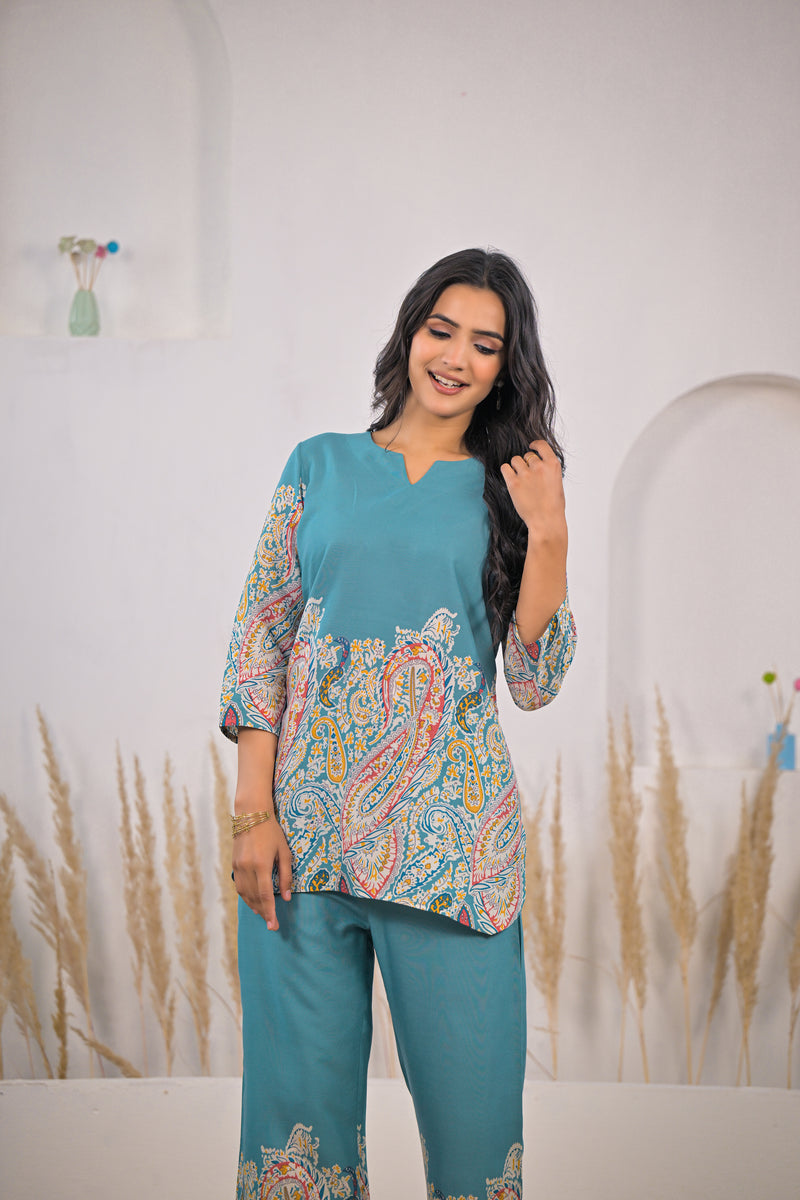 Turquoise Printed Rayon Kurti & Pant Co-ord Set Image