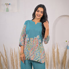 Turquoise Printed Rayon Kurti & Pant Co-ord Set Image