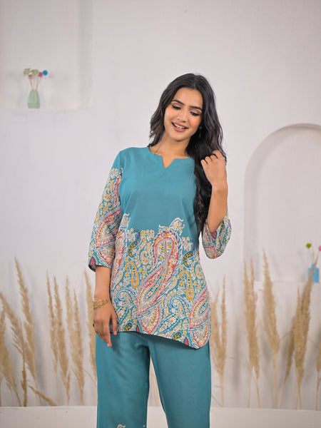 Turquoise Printed Rayon Kurti & Pant Co-ord Set Image