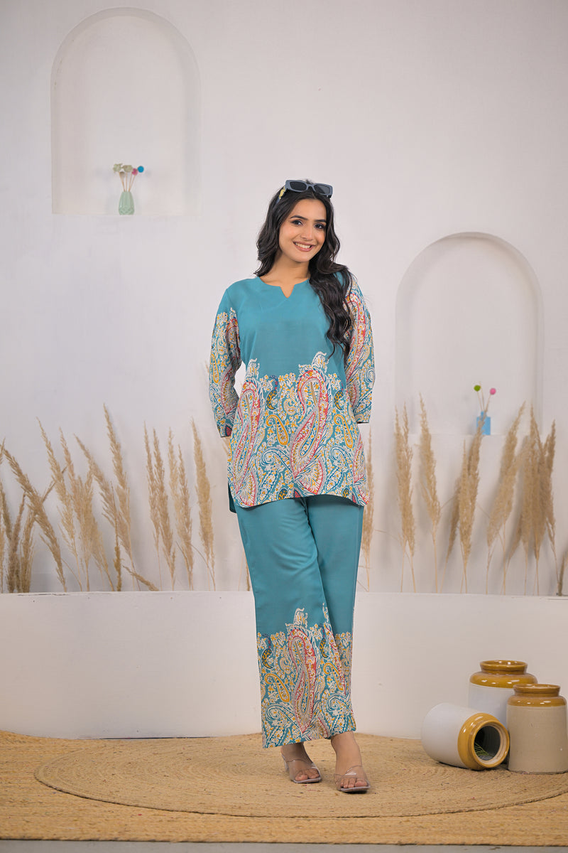 Turquoise Printed Rayon Kurti & Pant Co-ord Set Standing