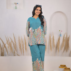 Turquoise Printed Rayon Kurti & Pant Co-ord Set Standing