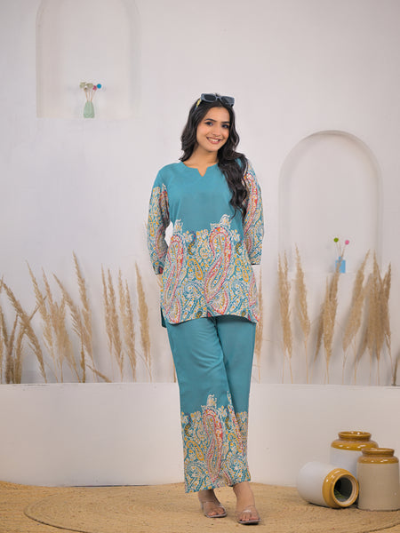 Turquoise Printed Rayon Kurti & Pant Co-ord Set Standing