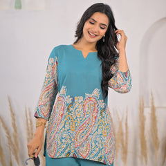 Turquoise Printed Rayon Kurti & Pant Co-ord Set Zoomed