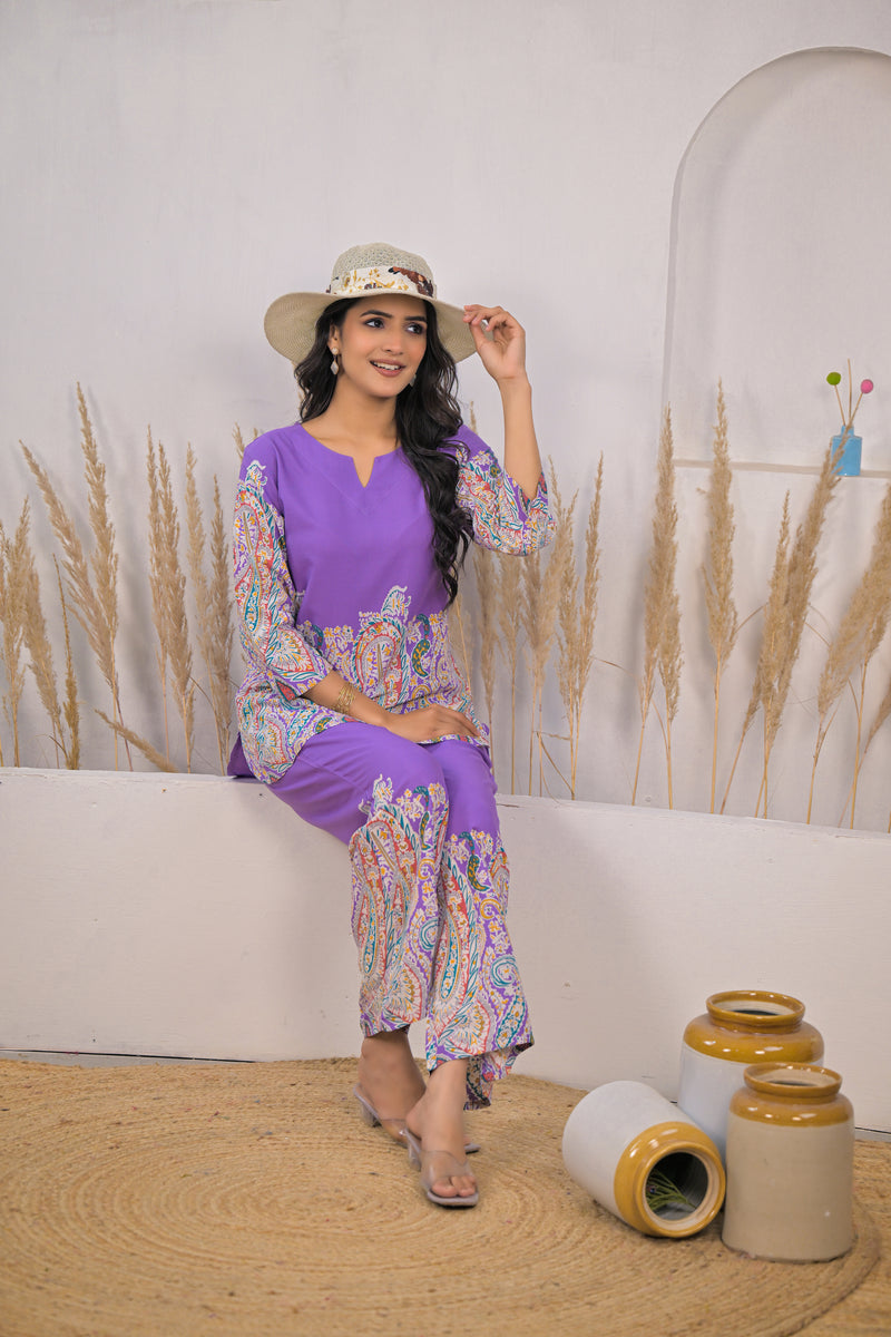 Violet Printed Rayon Kurti & Pant Co-ord Set Sitting