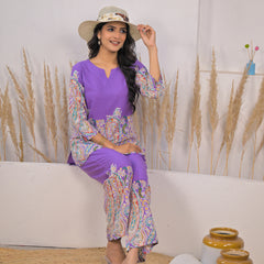 Violet Printed Rayon Kurti & Pant Co-ord Set Sitting