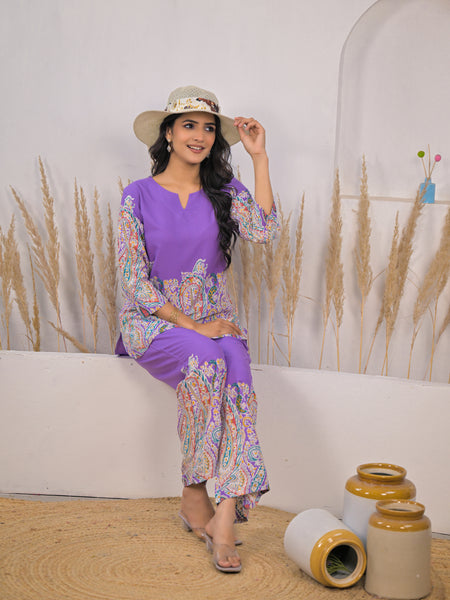 Violet Printed Rayon Kurti & Pant Co-ord Set Sitting