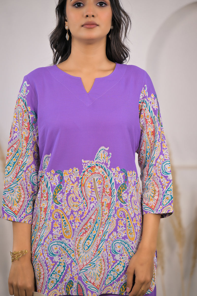 Violet Printed Rayon Kurti & Pant Co-ord Set Close Back