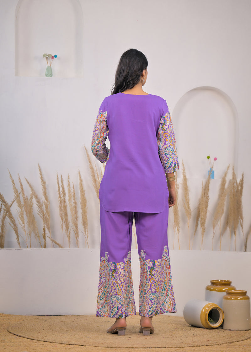 Violet Printed Rayon Kurti & Pant Co-ord Set Back